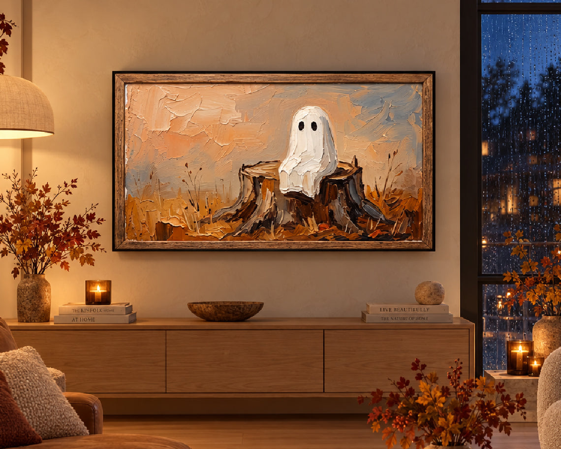 Ghost on an Autumn Stump - Halloween TV Wallpaper | Palette Knife Oil Painting | Digital TV Screen Background | Instant Download