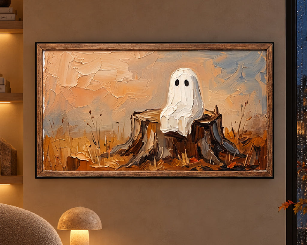Ghost on an Autumn Stump - Halloween TV Wallpaper | Palette Knife Oil Painting | Digital TV Screen Background | Instant Download