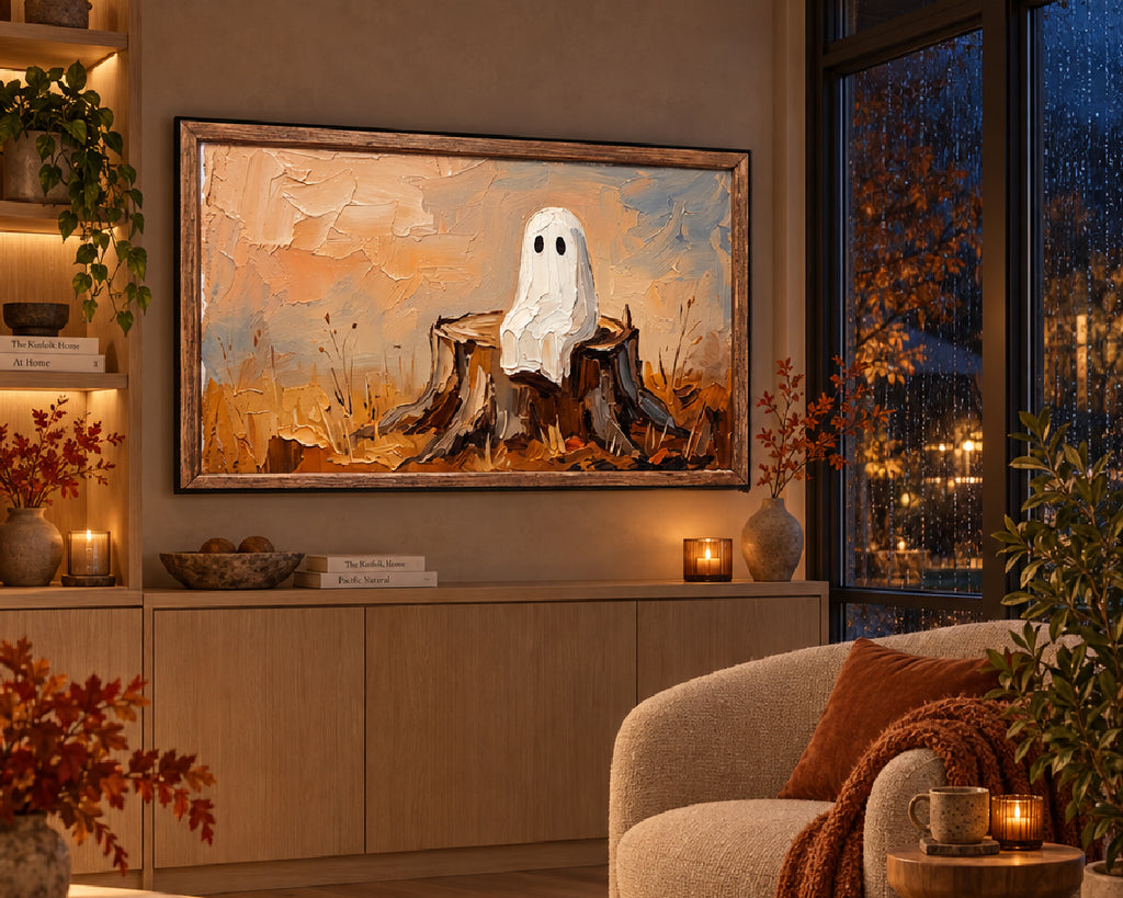 Ghost on an Autumn Stump - Halloween TV Wallpaper | Palette Knife Oil Painting | Digital TV Screen Background | Instant Download