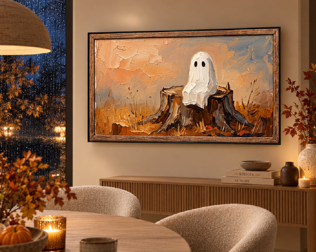 Ghost on an Autumn Stump - Halloween TV Wallpaper | Palette Knife Oil Painting | Digital TV Screen Background | Instant Download