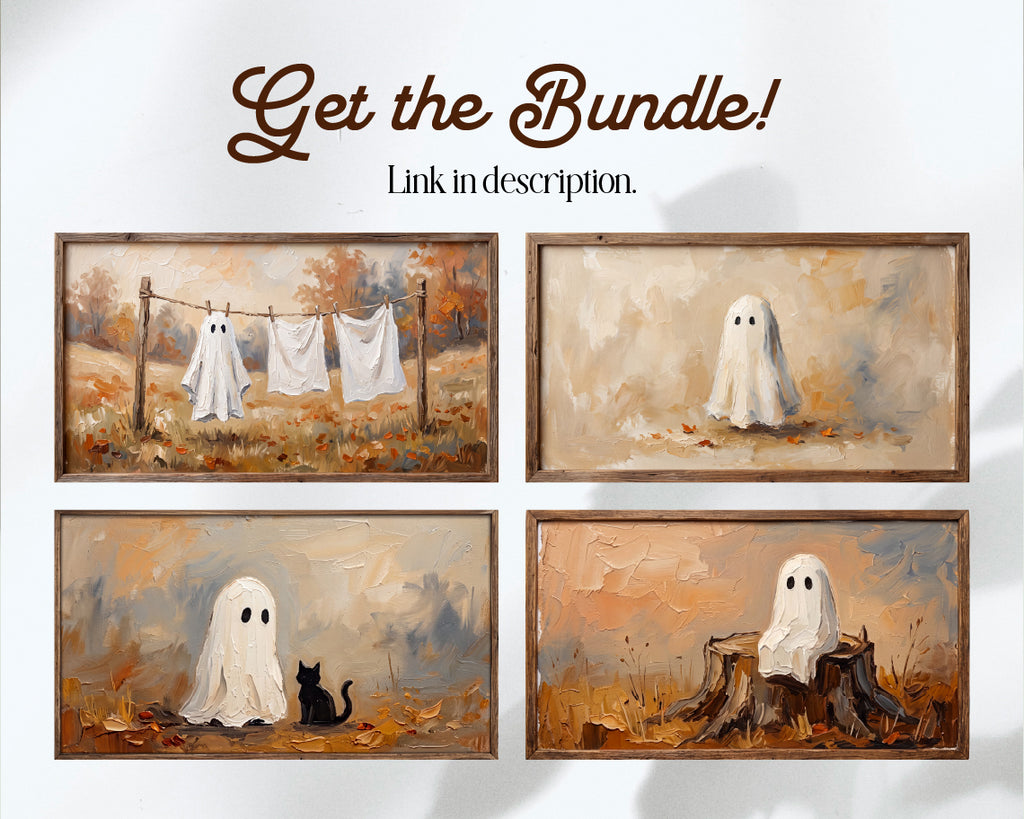 Ghost on an Autumn Stump - Halloween TV Wallpaper | Palette Knife Oil Painting | Digital TV Screen Background | Instant Download