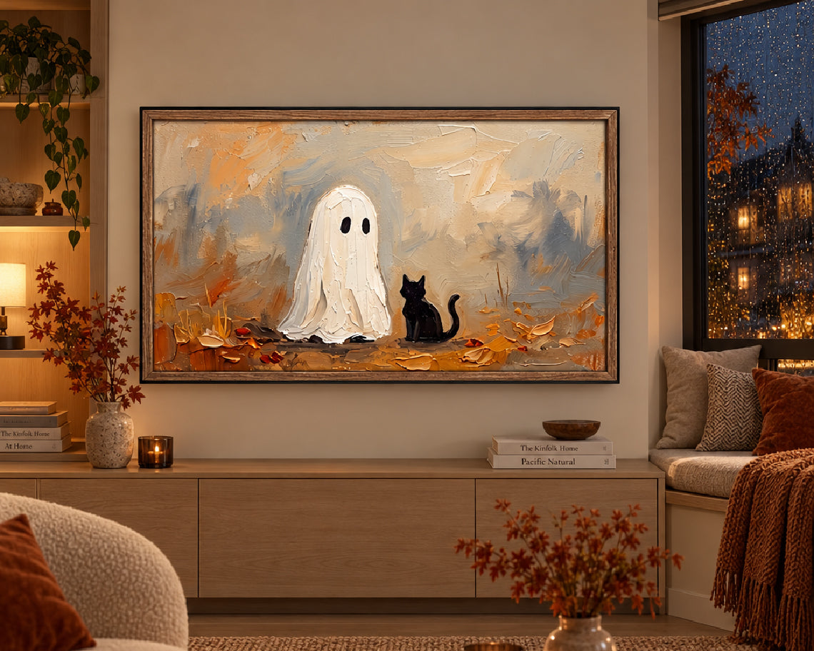 Ghost & Black Cat in Autumn - Halloween TV Wallpaper | Palette Knife Oil Painting | Digital TV Screen Background | Instant Download