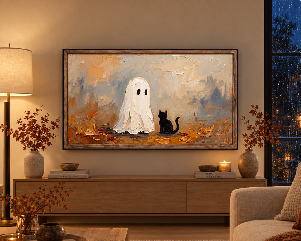 Ghost & Black Cat in Autumn - Halloween TV Wallpaper | Palette Knife Oil Painting | Digital TV Screen Background | Instant Download
