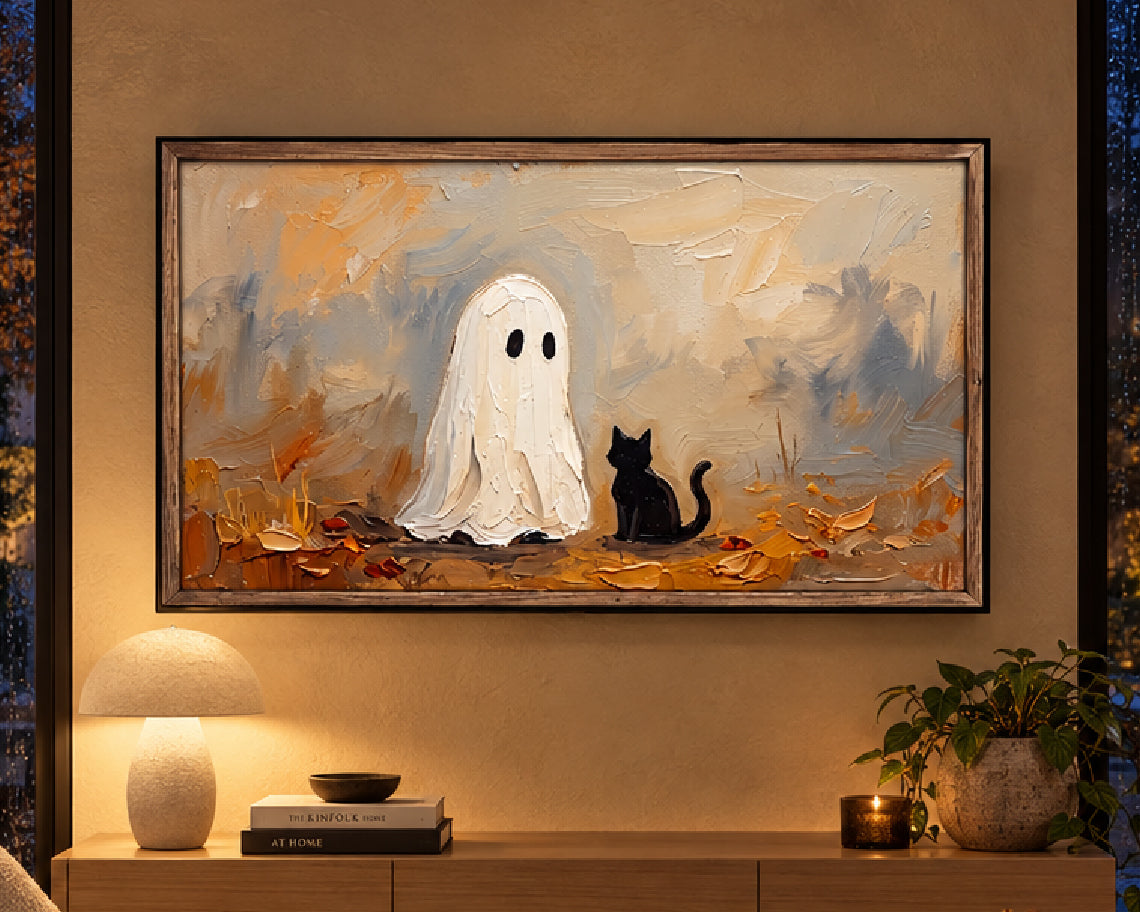 Ghost & Black Cat in Autumn - Halloween TV Wallpaper | Palette Knife Oil Painting | Digital TV Screen Background | Instant Download