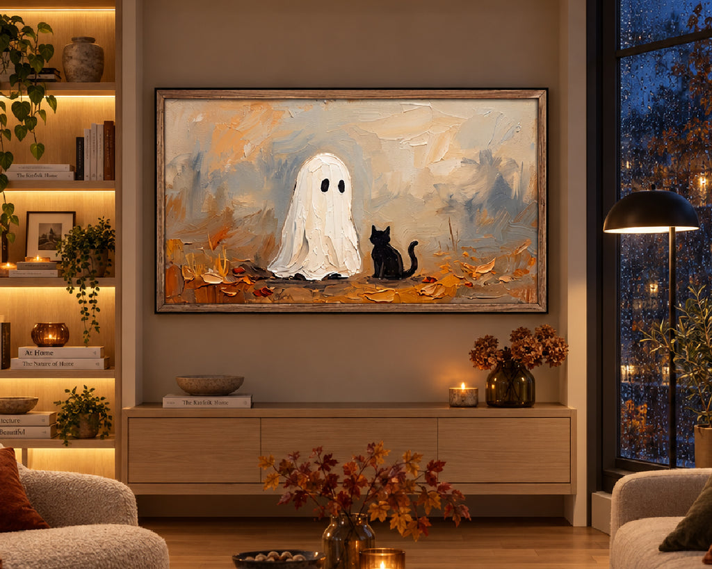 Halloween TV Wallpaper Bundle - 4 Whimsical Autumn Ghost Paintings | Halloween Frame TV Art | Instant Download