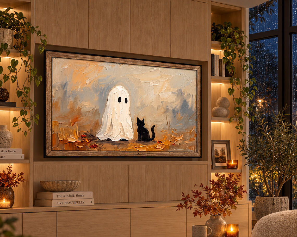 Ghost & Black Cat in Autumn - Halloween TV Wallpaper | Palette Knife Oil Painting | Digital TV Screen Background | Instant Download