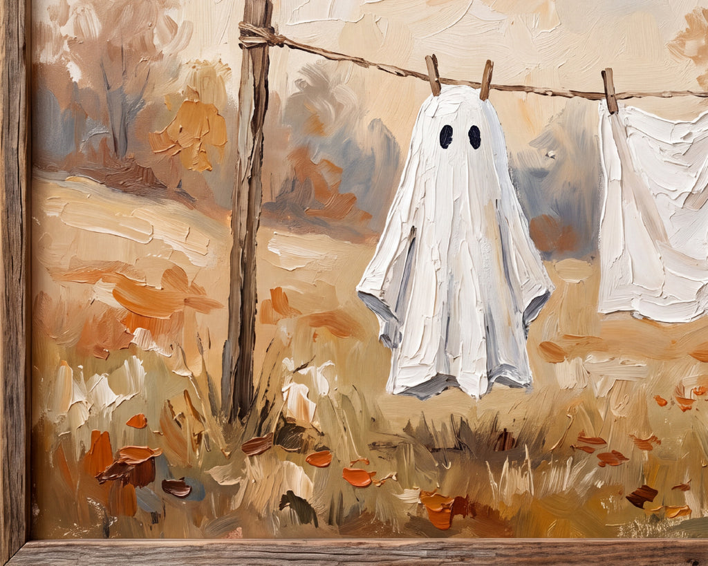 Ghost on the Clothesline - Halloween TV Wallpaper | Palette Knife Oil Painting | Digital TV Screen Background | Instant Download