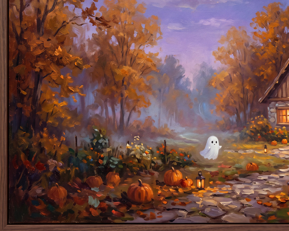 Ghost at a Cozy Autumn Cottage - Halloween TV Wallpaper | Palette Knife Oil Painting | Digital TV Screen Background | Instant Download