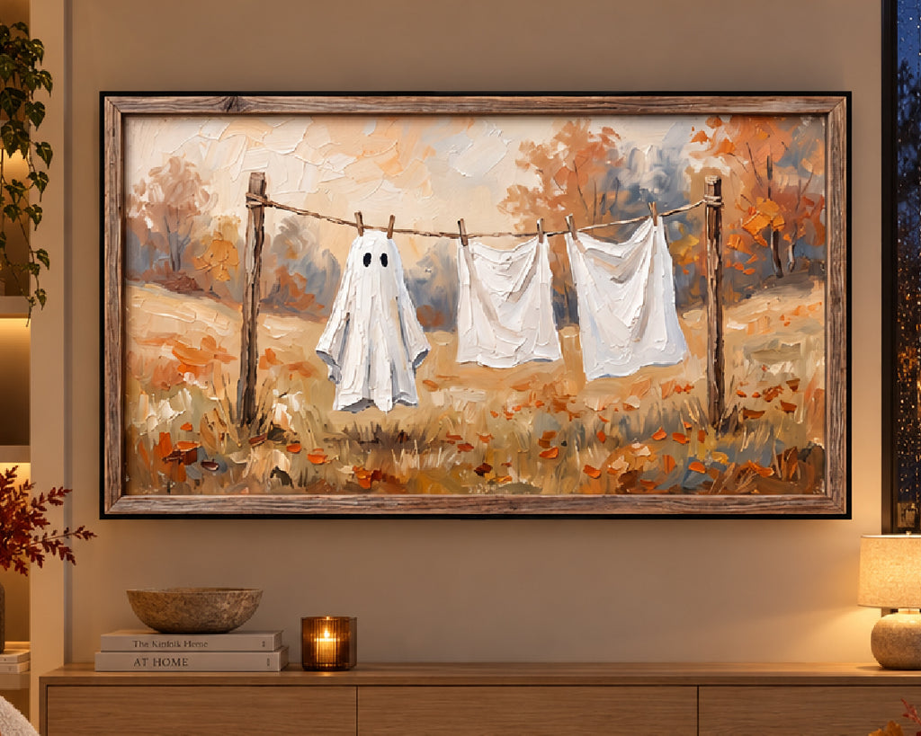 Ghost on the Clothesline - Halloween TV Wallpaper | Palette Knife Oil Painting | Digital TV Screen Background | Instant Download