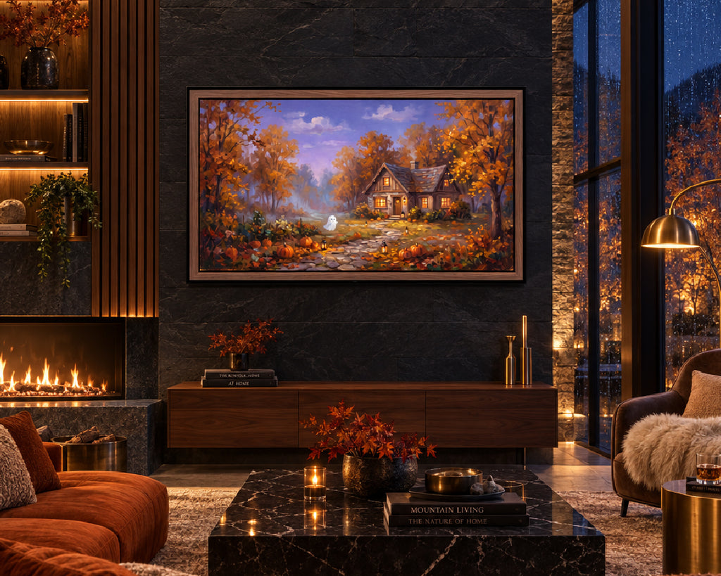 Ghost at a Cozy Autumn Cottage - Halloween TV Wallpaper | Palette Knife Oil Painting | Digital TV Screen Background | Instant Download