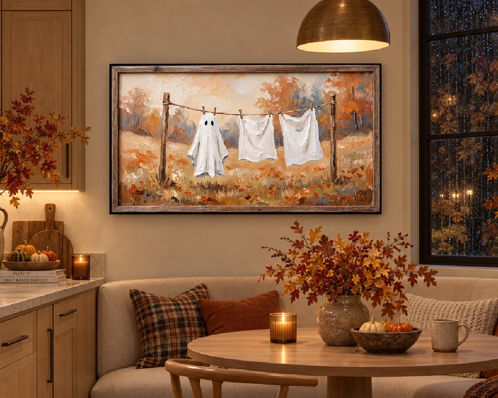 Ghost on the Clothesline - Halloween TV Wallpaper | Palette Knife Oil Painting | Digital TV Screen Background | Instant Download