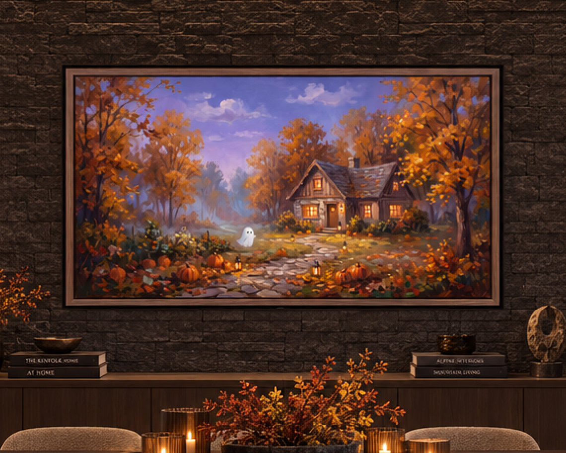 Ghost at a Cozy Autumn Cottage - Halloween TV Wallpaper | Palette Knife Oil Painting | Digital TV Screen Background | Instant Download