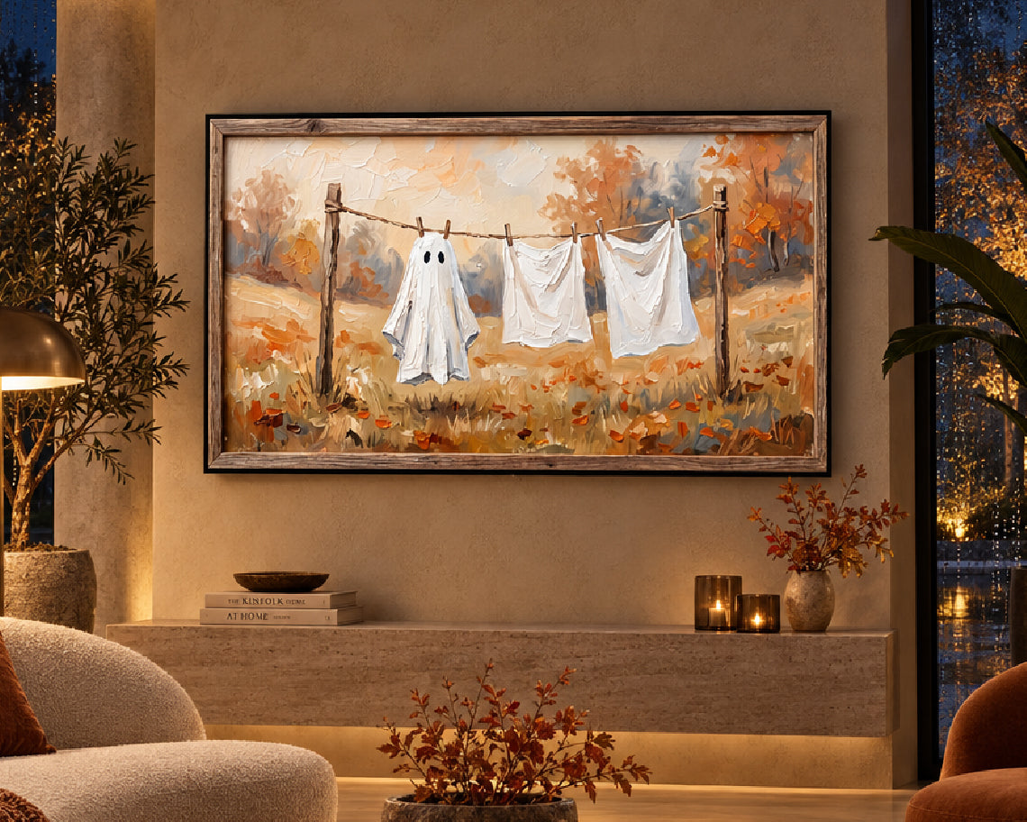 Ghost on the Clothesline - Halloween TV Wallpaper | Palette Knife Oil Painting | Digital TV Screen Background | Instant Download