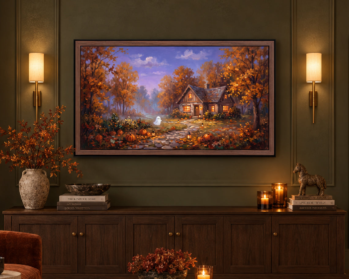 Ghost at a Cozy Autumn Cottage - Halloween TV Wallpaper | Palette Knife Oil Painting | Digital TV Screen Background | Instant Download