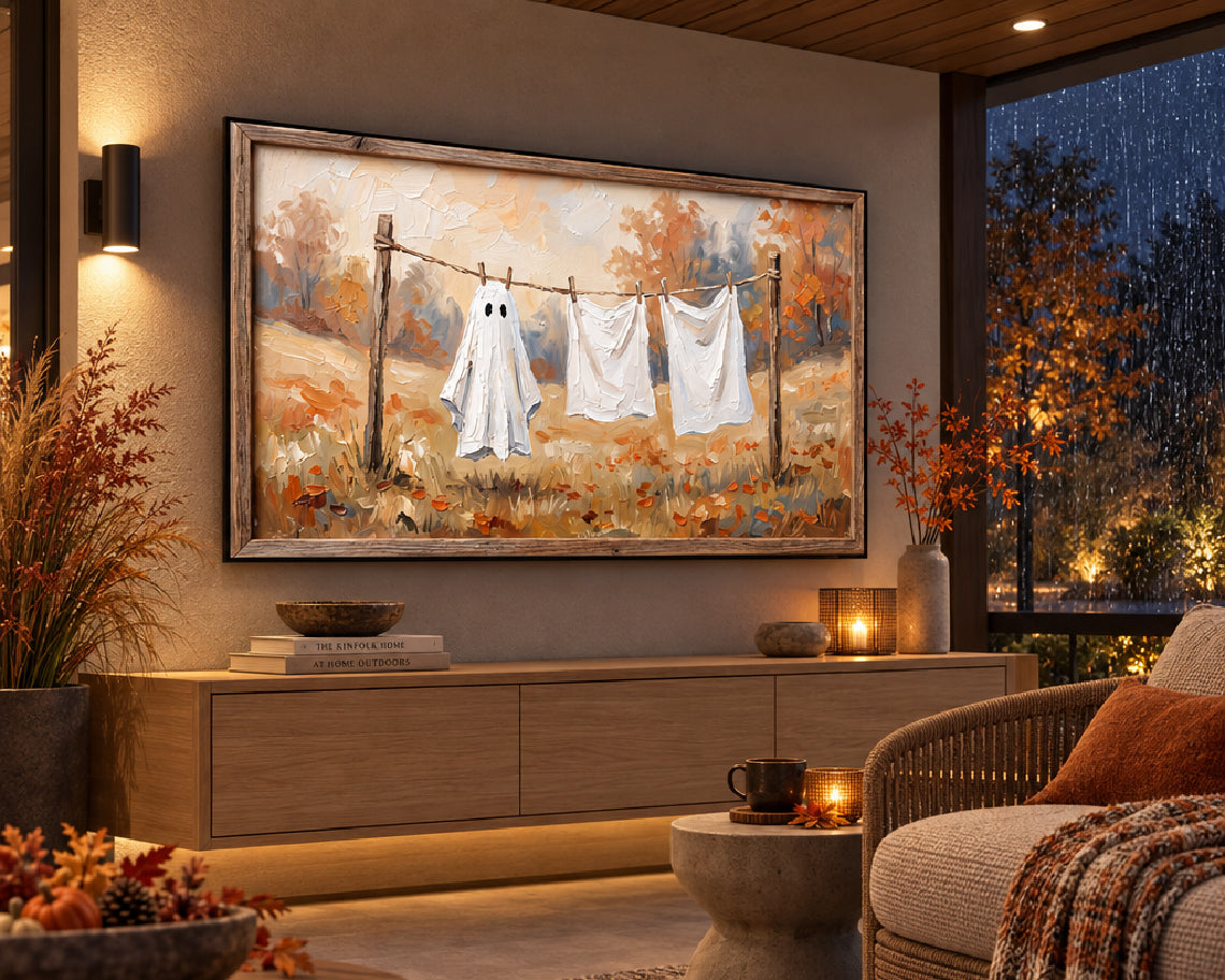 Ghost on the Clothesline - Halloween TV Wallpaper | Palette Knife Oil Painting | Digital TV Screen Background | Instant Download