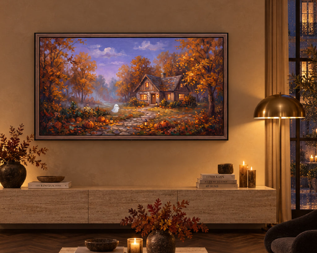 Ghost at a Cozy Autumn Cottage - Halloween TV Wallpaper | Palette Knife Oil Painting | Digital TV Screen Background | Instant Download