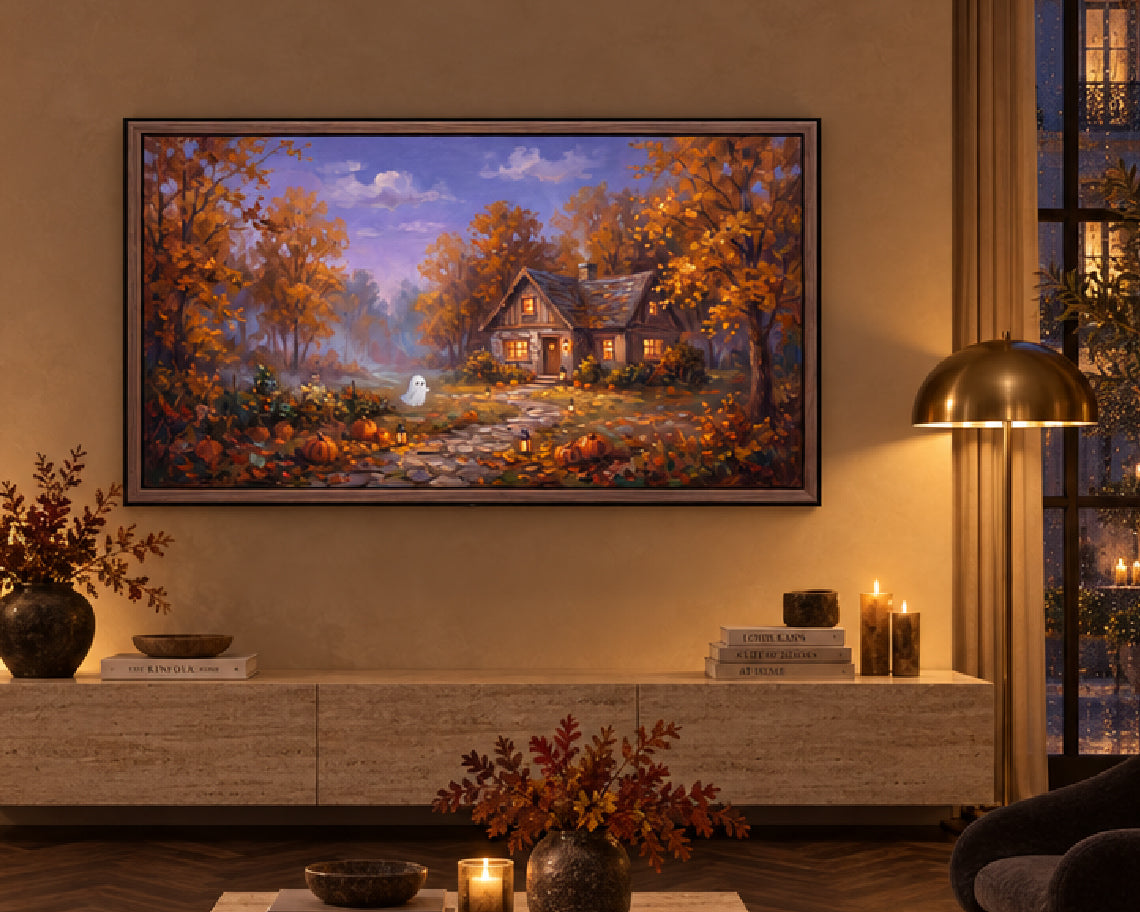 Ghost at a Cozy Autumn Cottage - Halloween TV Wallpaper | Palette Knife Oil Painting | Digital TV Screen Background | Instant Download