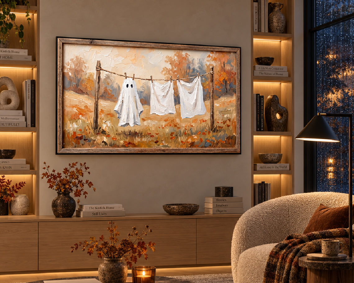 Ghost on the Clothesline - Halloween TV Wallpaper | Palette Knife Oil Painting | Digital TV Screen Background | Instant Download