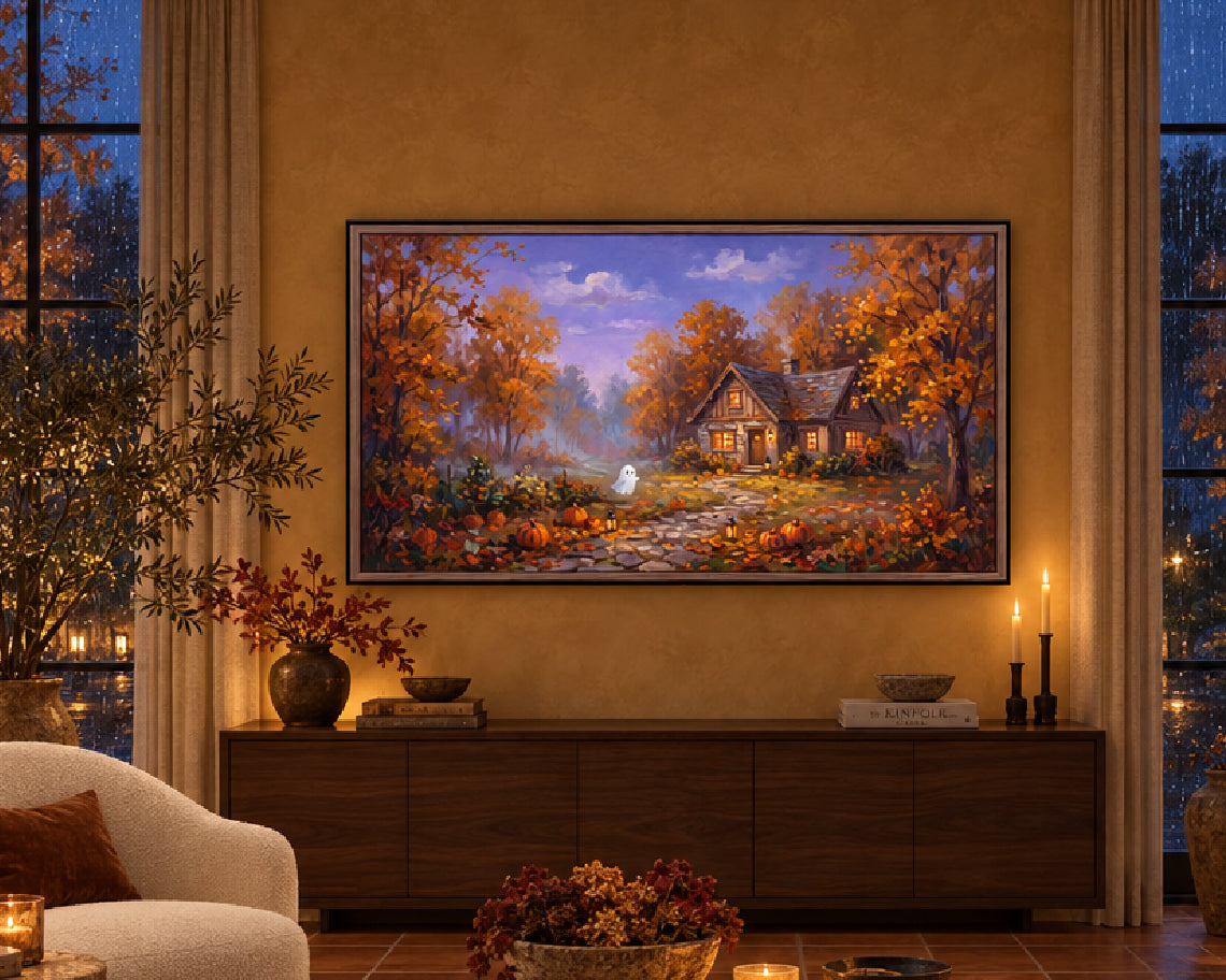Ghost at a Cozy Autumn Cottage - Halloween TV Wallpaper | Palette Knife Oil Painting | Digital TV Screen Background | Instant Download