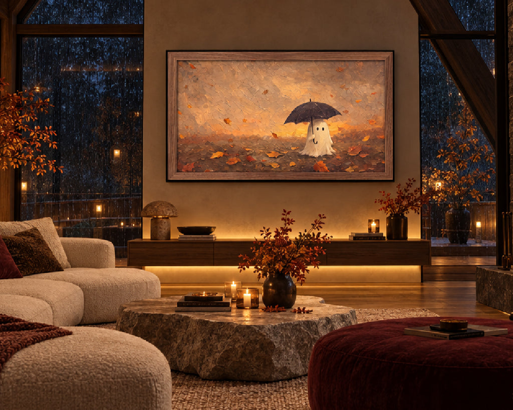 Halloween TV Wallpaper - Ghost with a Black Umbrella | Palette Knife Oil Painting | Digital TV Screen Background | Instant Download