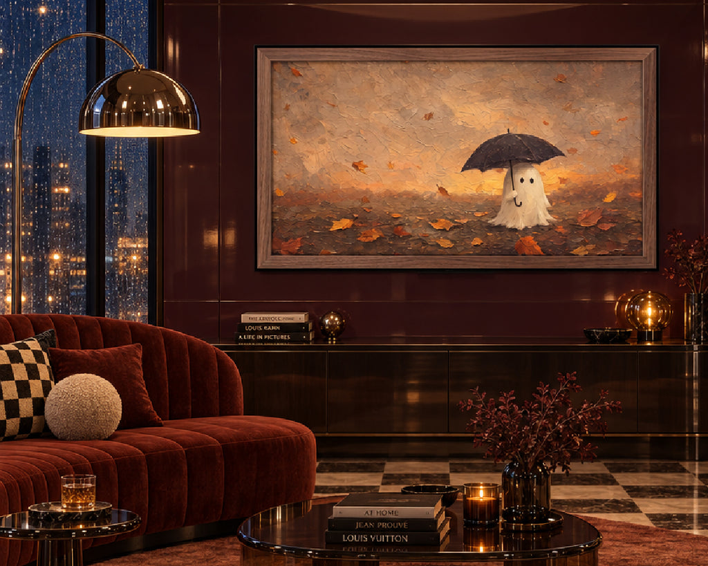 Halloween TV Wallpaper - Ghost with a Black Umbrella | Palette Knife Oil Painting | Digital TV Screen Background | Instant Download