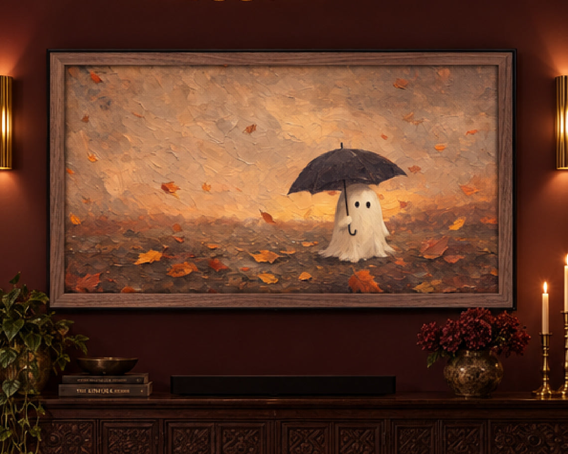 Halloween TV Wallpaper Bundle - 4 Ghost & Black Cat Autumn Scenes | Palette Knife Oil Painting | Frame TV Art | Instant Download
