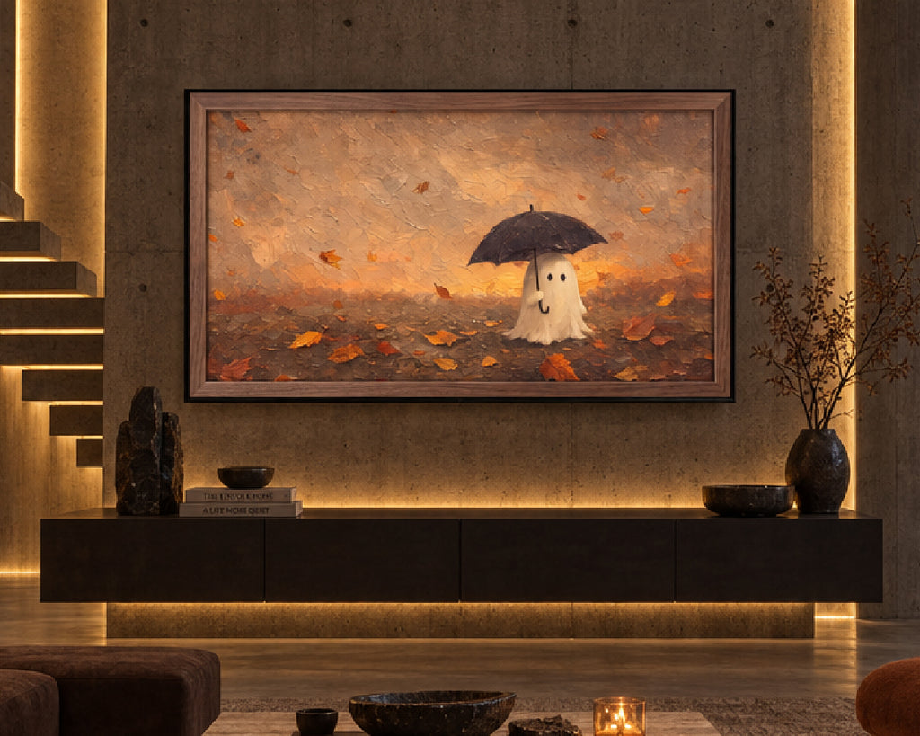 Halloween TV Wallpaper - Ghost with a Black Umbrella | Palette Knife Oil Painting | Digital TV Screen Background | Instant Download