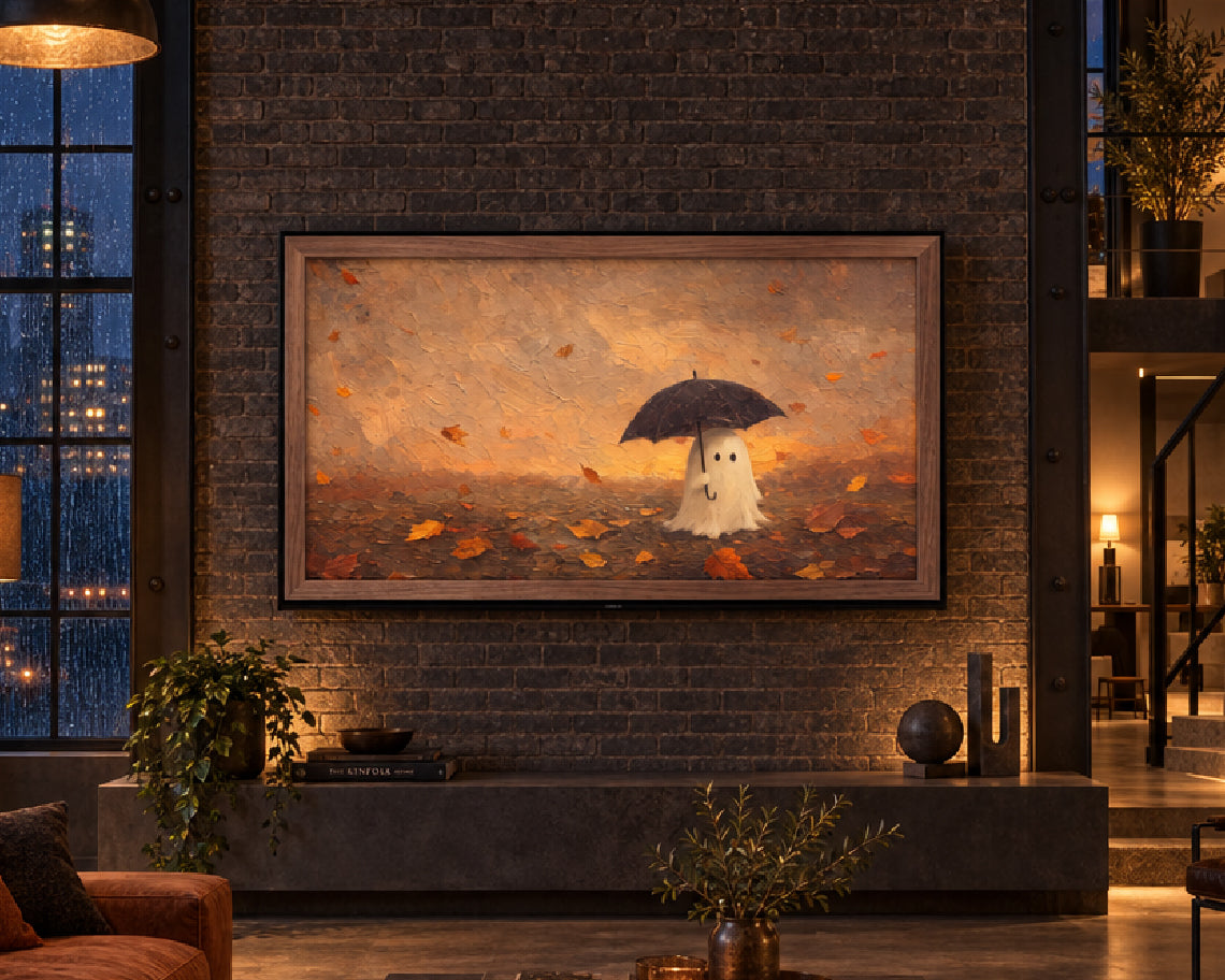 Halloween TV Wallpaper - Ghost with a Black Umbrella | Palette Knife Oil Painting | Digital TV Screen Background | Instant Download