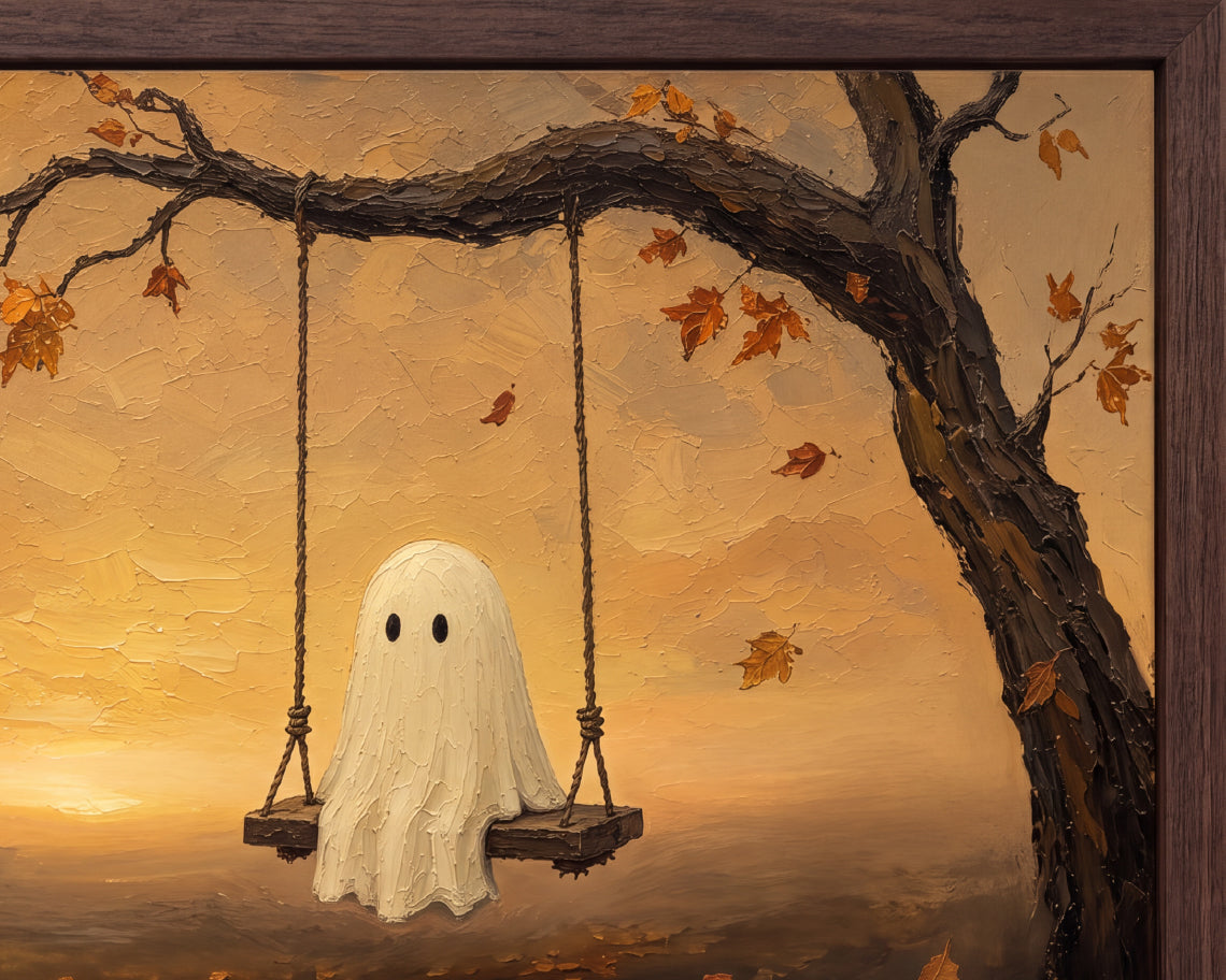 Halloween TV Wallpaper - Ghost on an Autumn Swing | Palette Knife Oil Painting | Digital TV Screen Background | Instant Download