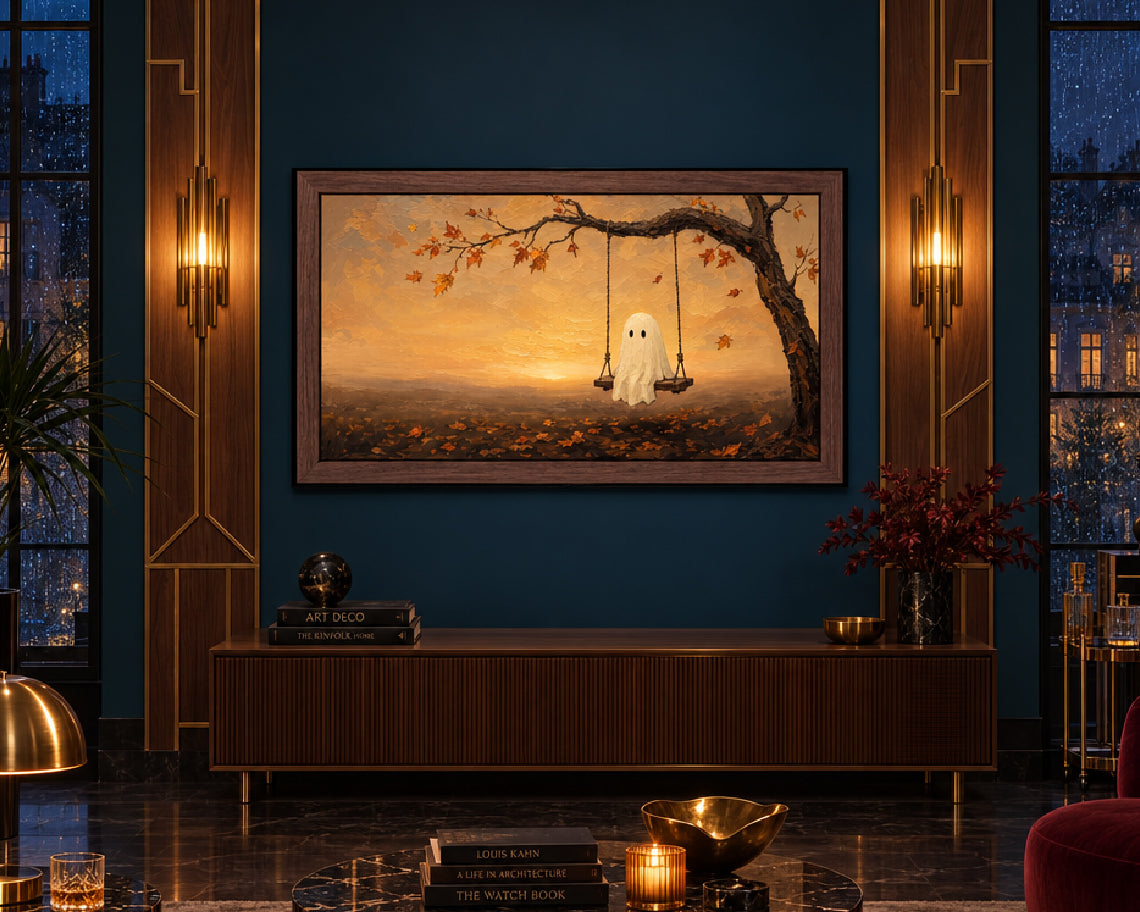 Halloween TV Wallpaper - Ghost on an Autumn Swing | Palette Knife Oil Painting | Digital TV Screen Background | Instant Download