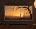 Halloween TV Wallpaper - Ghost on an Autumn Swing | Palette Knife Oil Painting | Digital TV Screen Background | Instant Download
