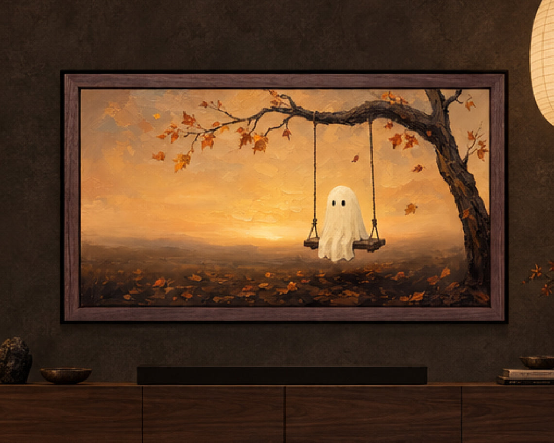 Halloween TV Wallpaper - Ghost on an Autumn Swing | Palette Knife Oil Painting | Digital TV Screen Background | Instant Download