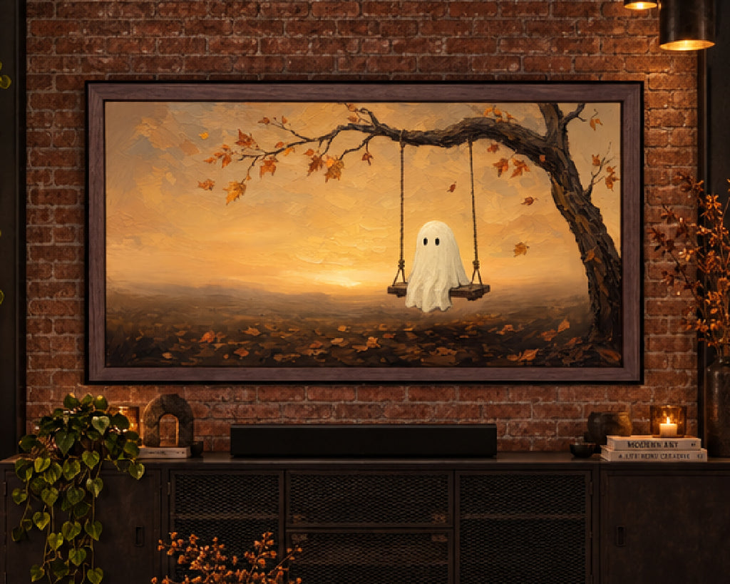 Halloween TV Wallpaper - Ghost on an Autumn Swing | Palette Knife Oil Painting | Digital TV Screen Background | Instant Download