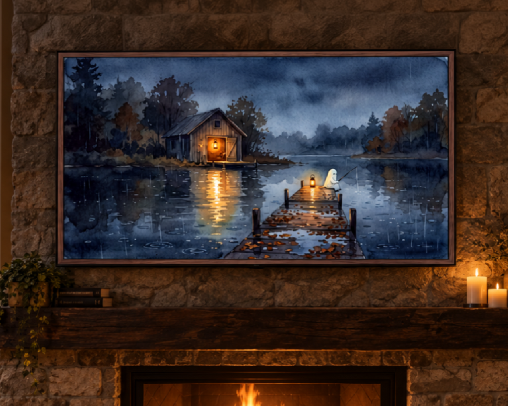 Ghost Fishing by the Lake - Halloween TV Wallpaper | Watercolor Painting | Digital TV Screen Background | Instant Download