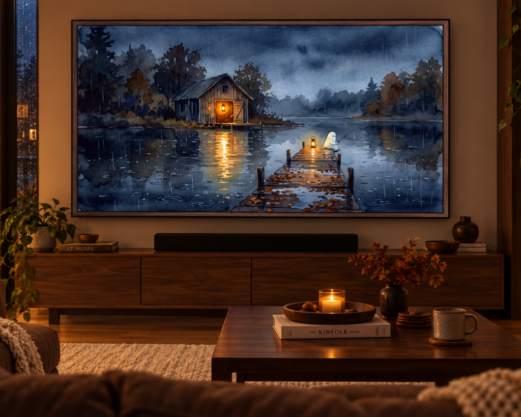 Ghost Fishing by the Lake - Halloween TV Wallpaper | Watercolor Painting | Digital TV Screen Background | Instant Download