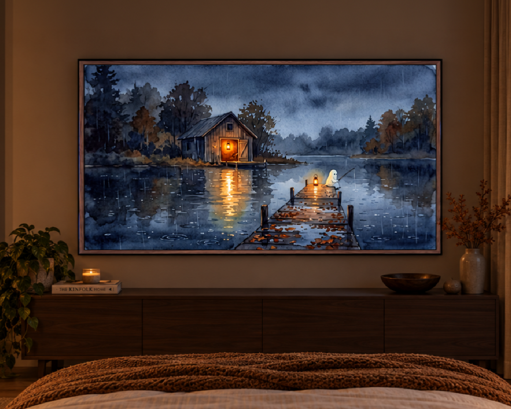 Ghost Fishing by the Lake - Halloween TV Wallpaper | Watercolor Painting | Digital TV Screen Background | Instant Download