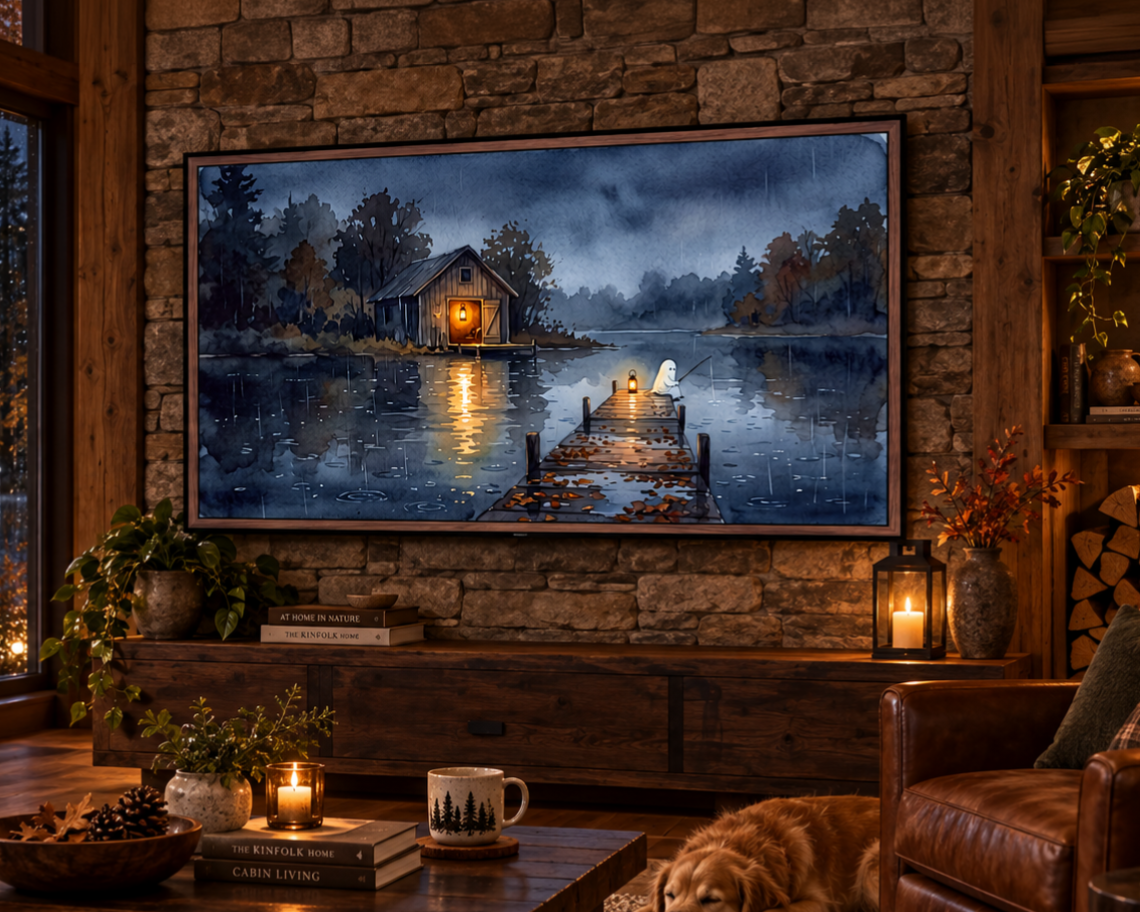 Ghost Fishing by the Lake - Halloween TV Wallpaper | Watercolor Painting | Digital TV Screen Background | Instant Download