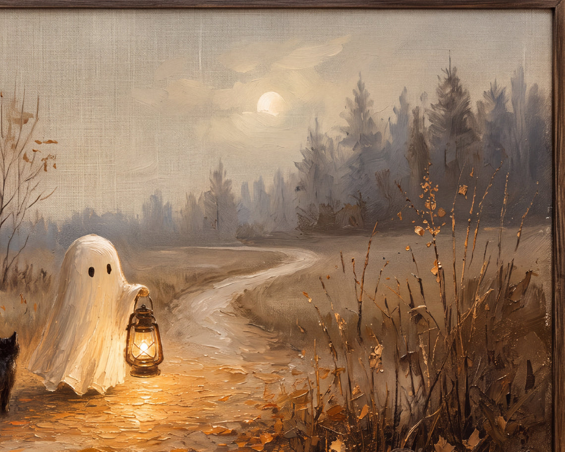 Halloween TV Wallpaper - Ghost & Black Cat on Lantern Path | Palette Knife Oil Painting | Digital TV Screen Background | Instant Download