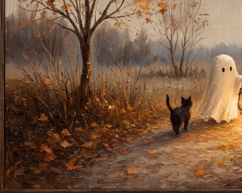 Halloween TV Wallpaper - Ghost & Black Cat on Lantern Path | Palette Knife Oil Painting | Digital TV Screen Background | Instant Download