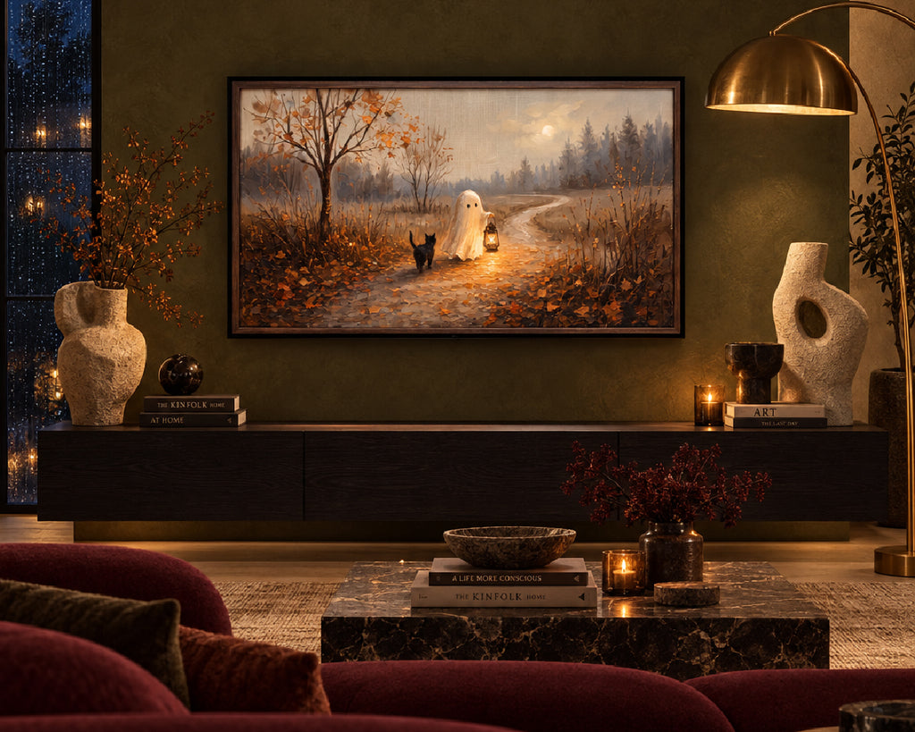 Halloween TV Wallpaper - Ghost & Black Cat on Lantern Path | Palette Knife Oil Painting | Digital TV Screen Background | Instant Download