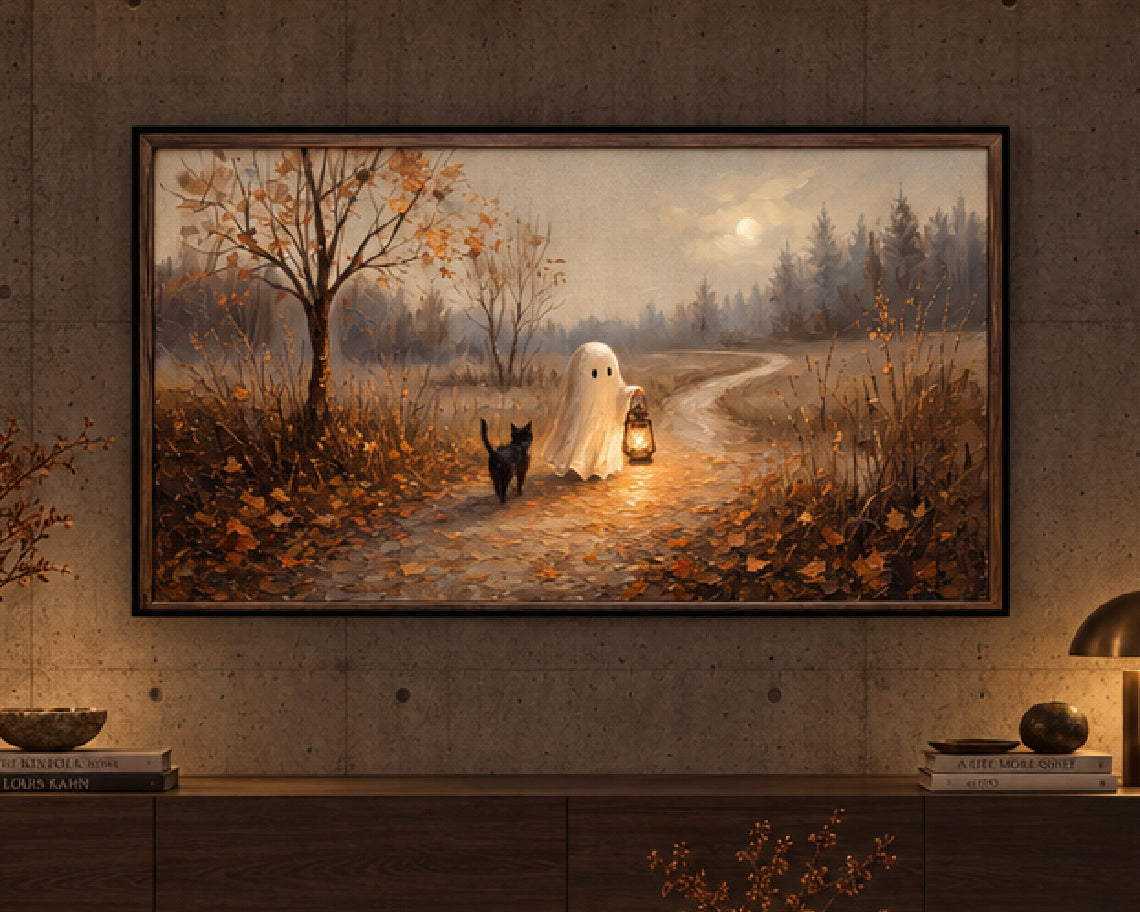 Halloween TV Wallpaper Bundle - 4 Ghost & Black Cat Autumn Scenes | Palette Knife Oil Painting | Frame TV Art | Instant Download