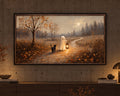 Halloween TV Wallpaper - Ghost & Black Cat on Lantern Path | Palette Knife Oil Painting | Digital TV Screen Background | Instant Download