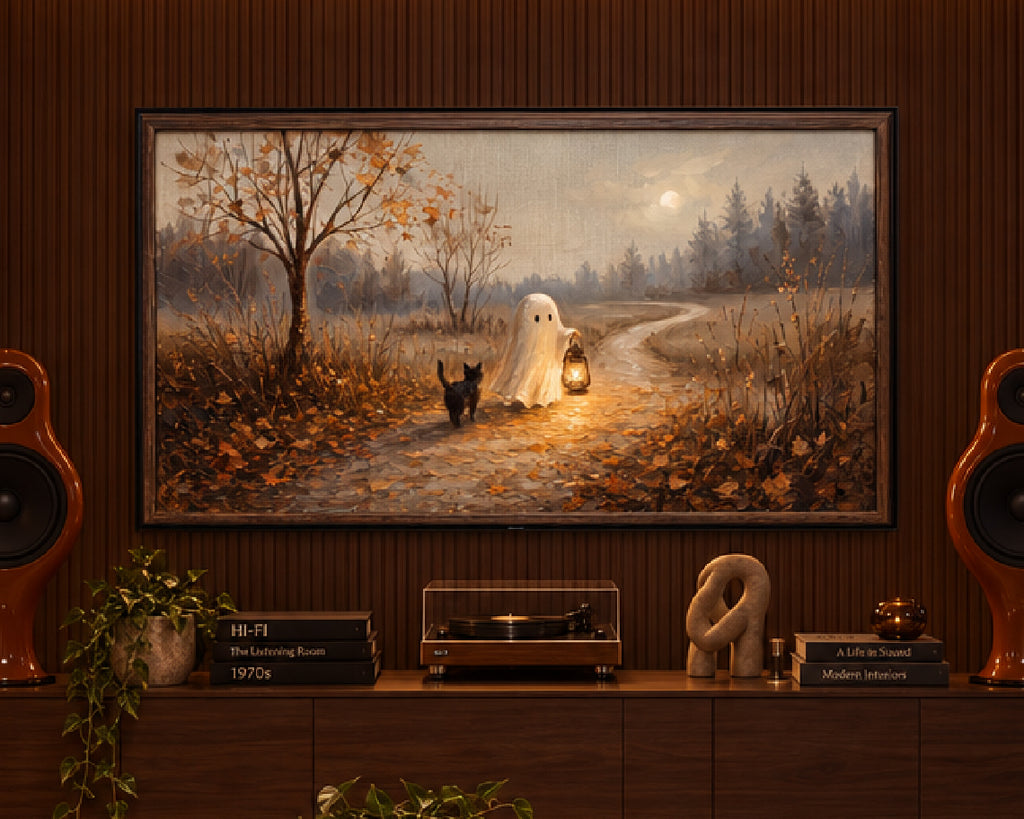 Halloween TV Wallpaper - Ghost & Black Cat on Lantern Path | Palette Knife Oil Painting | Digital TV Screen Background | Instant Download