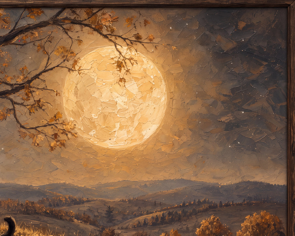 Halloween TV Wallpaper - Ghost & Black Cat Beneath the Harvest Moon | Palette Knife Oil Painting | Digital TV Screen Background | Instant Download