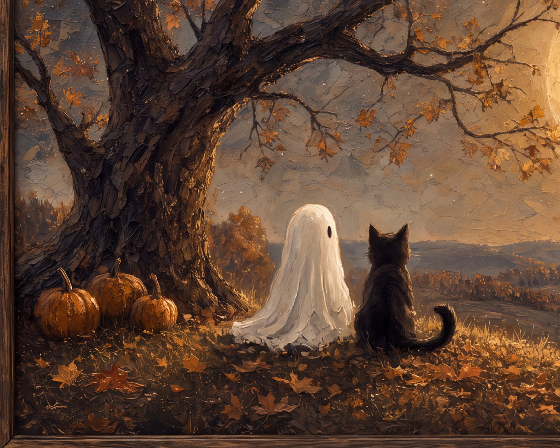 Halloween TV Wallpaper - Ghost & Black Cat Beneath the Harvest Moon | Palette Knife Oil Painting | Digital TV Screen Background | Instant Download