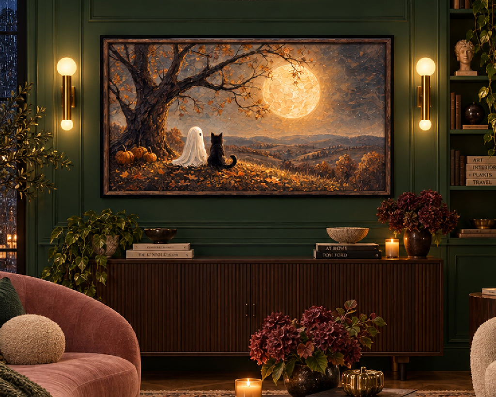 Halloween TV Wallpaper - Ghost & Black Cat Beneath the Harvest Moon | Palette Knife Oil Painting | Digital TV Screen Background | Instant Download
