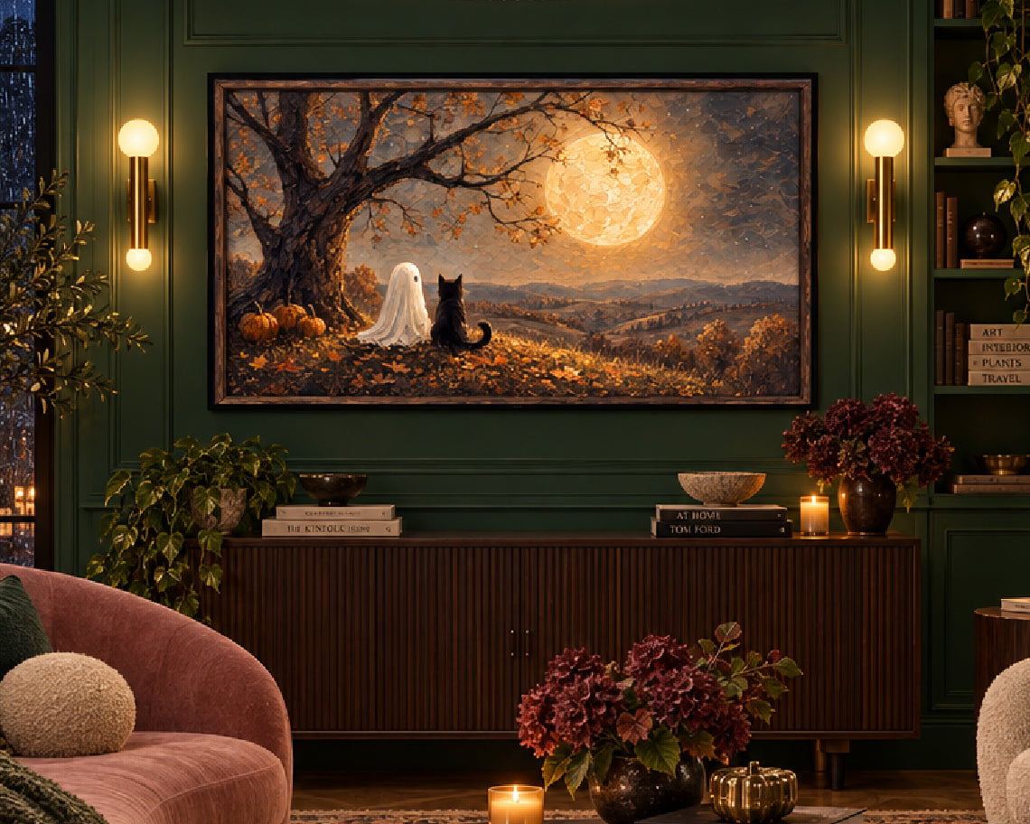 Halloween TV Wallpaper - Ghost & Black Cat Beneath the Harvest Moon | Palette Knife Oil Painting | Digital TV Screen Background | Instant Download