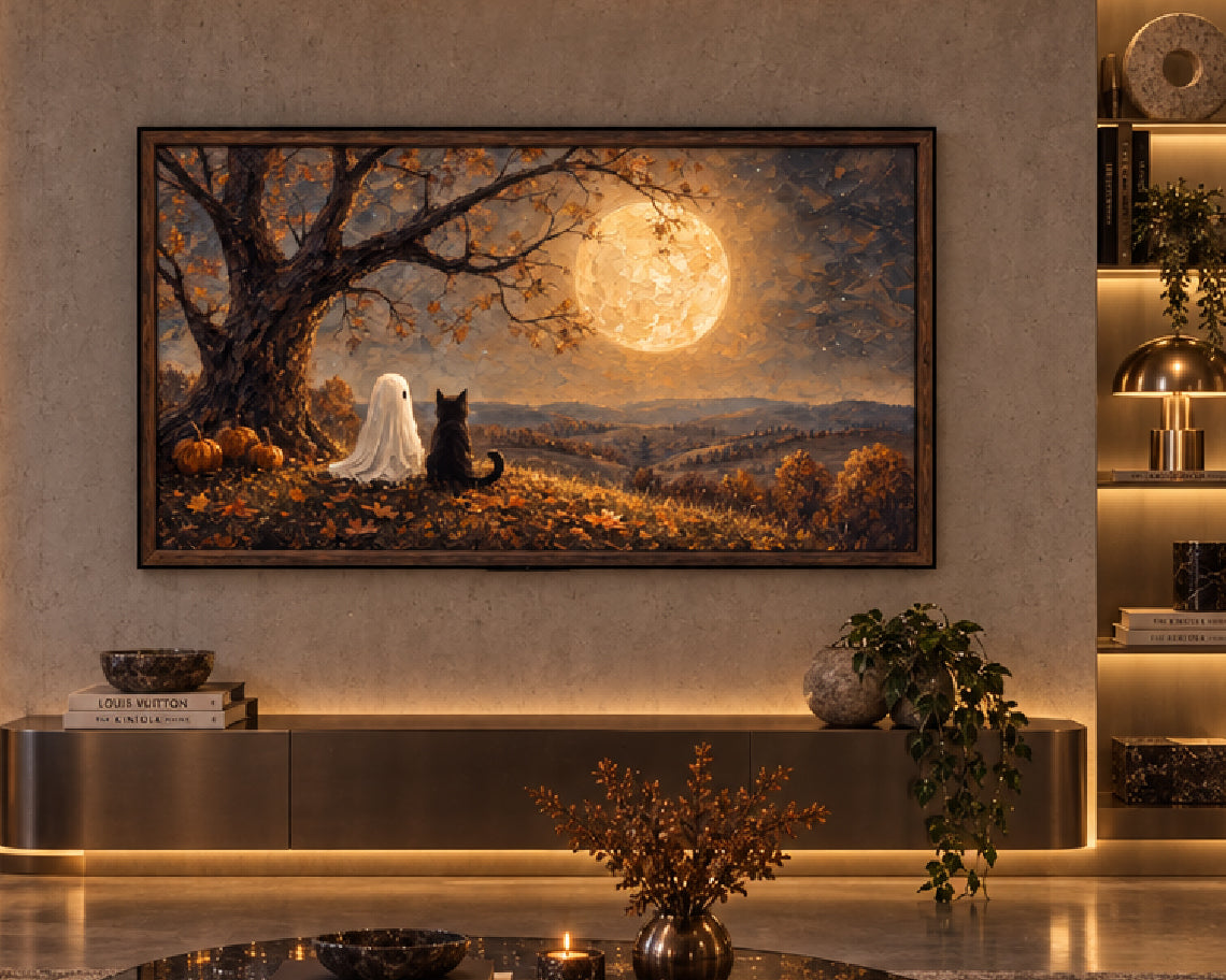 Halloween TV Wallpaper - Ghost & Black Cat Beneath the Harvest Moon | Palette Knife Oil Painting | Digital TV Screen Background | Instant Download