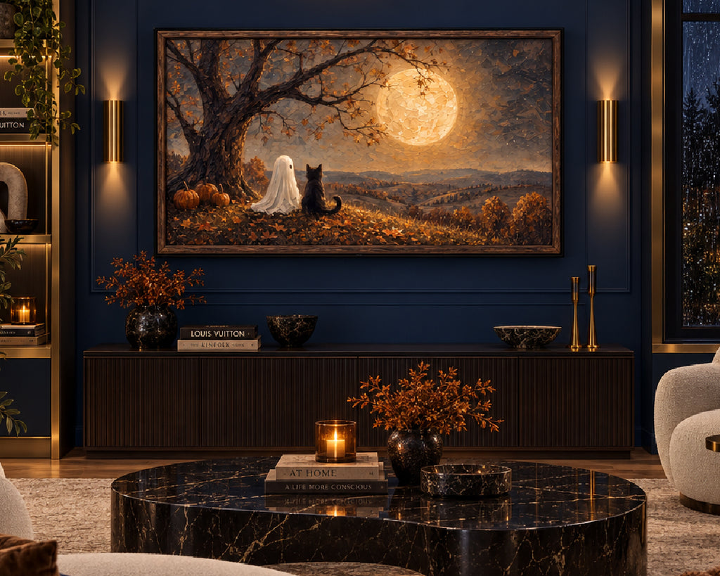Halloween TV Wallpaper - Ghost & Black Cat Beneath the Harvest Moon | Palette Knife Oil Painting | Digital TV Screen Background | Instant Download