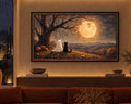 Halloween TV Wallpaper - Ghost & Black Cat Beneath the Harvest Moon | Palette Knife Oil Painting | Digital TV Screen Background | Instant Download